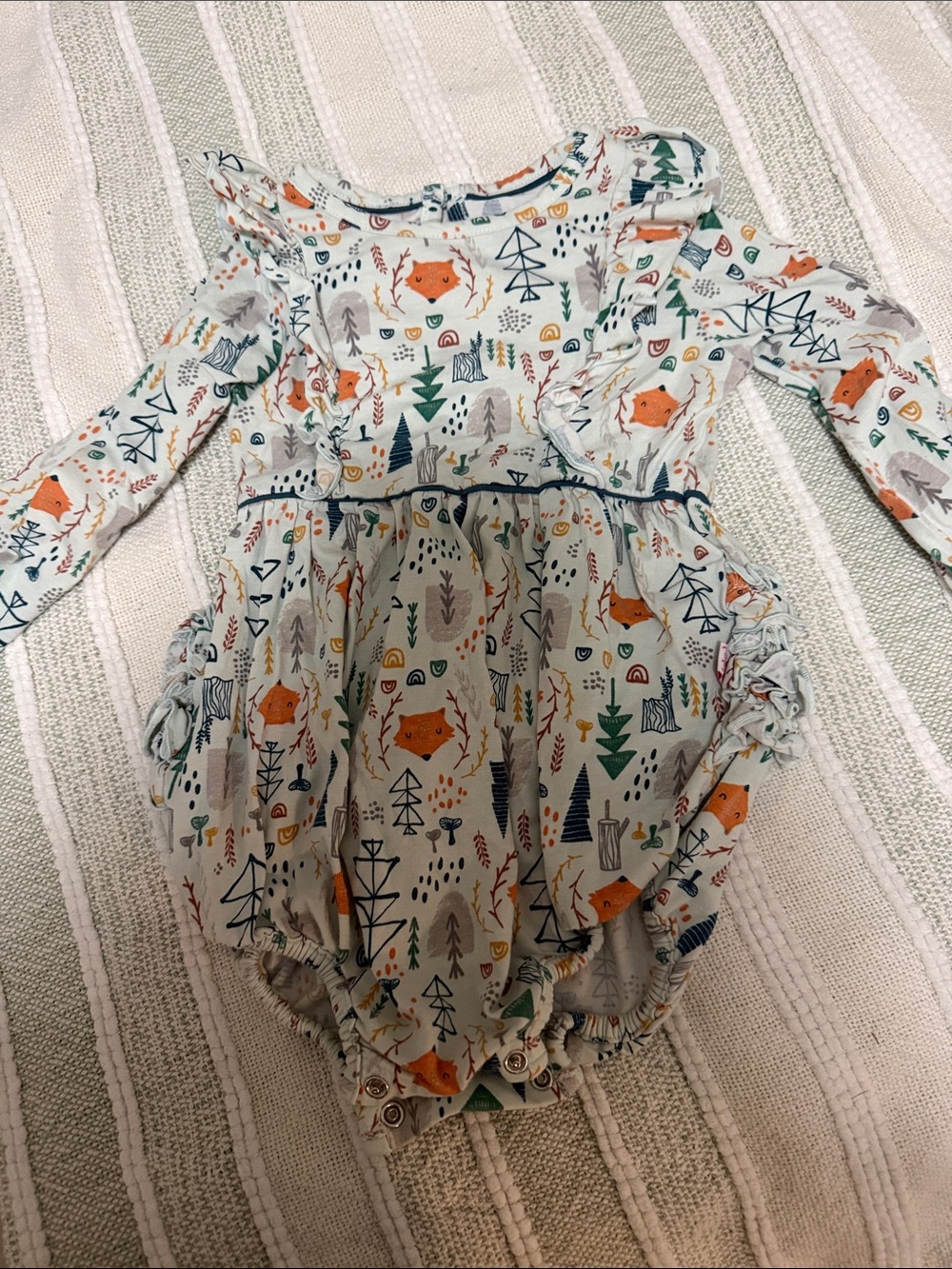 Ruffle Butts White Long-Sleeve Fox Print Bubble Romper with Orange & Green